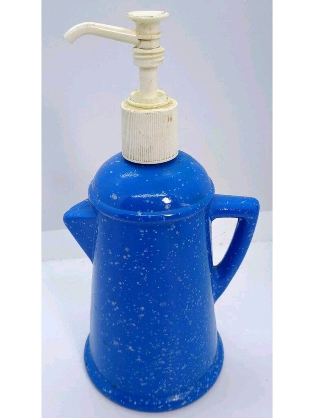 Vintage Avon Blue Speckled Ceramic Coffee Pot Soap Dispenser 1980s